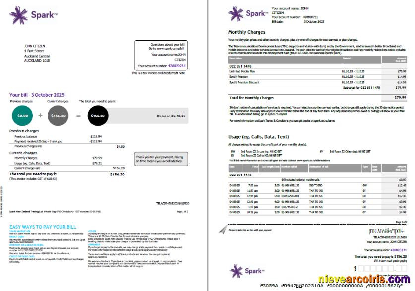 New Zealand Spark utility bill, 2 pages